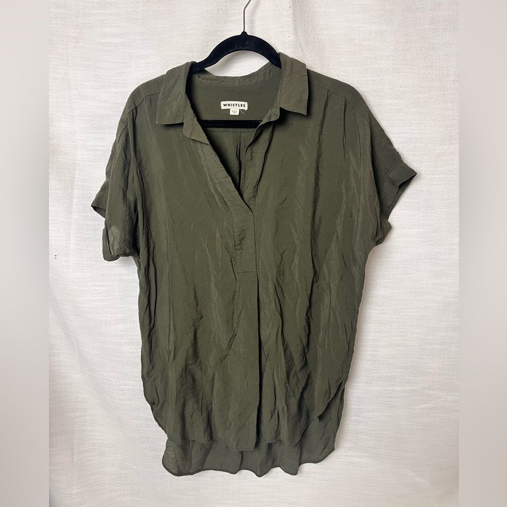 Whistles Olive Green Short Sleeve Blouse Lightweight Flowy Boho Indie Size 6